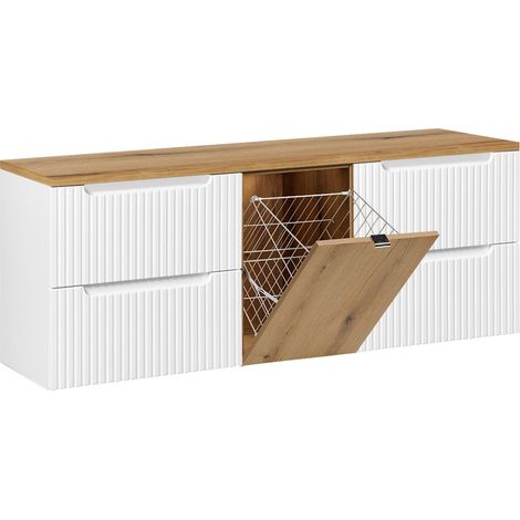 Mueble bajo lavabo Riva 160cm blanco y madera con cesto para ropa sucia (1/4)