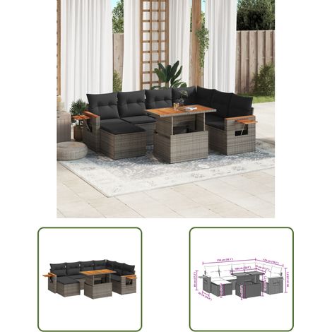 The Living Store Salon de jardin 8 pcs avec coussins gris résine tressée - Ensemble Salon De Jardin - Meubles De Jardin - Salon Extérieur - Set Salon - Rotin Synthétique (1/3)