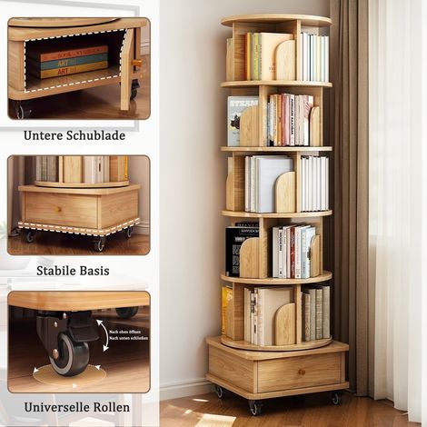 Étagère tournante 360° avec roulettes et tiroir, bibliothèque pivotante gain de place en bois pour petit espace – idéale chambre, salon, bureau et maison (1/5)
