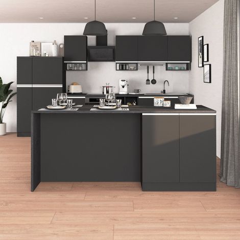 WHOUS Isola Cucina SOLE con 4 ante, tavolo da pranzo e piano di lavoro, ideale per open space e spazi ridotti, 200x90x90 cm, antracite opaco e report