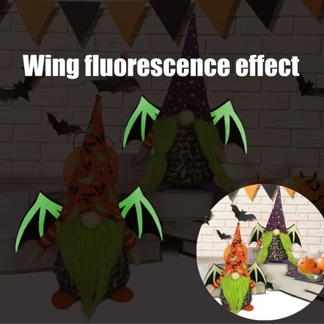 Lot de 2 gnomes d'Halloween en peluche avec ailes lumineuses pour décoration de plateau à étages, style Tomte suédois sans visage, pour ornements de table de style campagnard. (1/5)