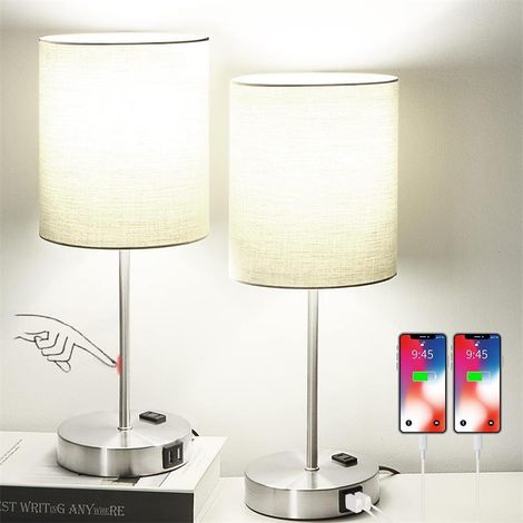 2er-Pack Schreibtischlampen mit USB-Ladeanschluss, Nachttischlampe mit AC-Steckdose, moderne minimalistische Schreibtischlampe mit Stoffschirm für Wohnzimmer, Schlafzimmer, Büro – Leinen