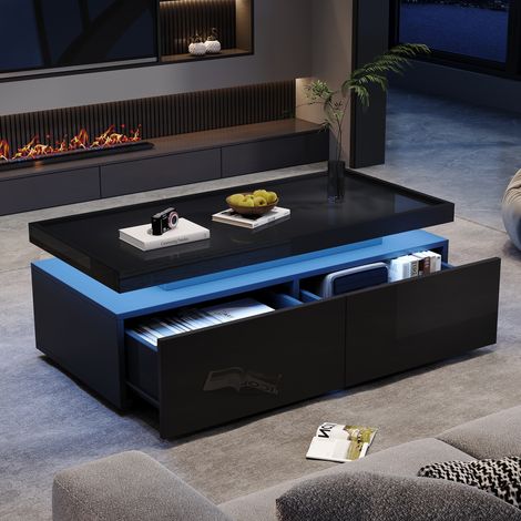 Mesa de centro (95x45x35 cm), LED con app, 2 cajones y estante semiabierto, tablero de partículas negro brillante (1/5)