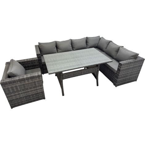Fimous Rattan Garden Furniture Set Outdoor 7 Seater Patio Dining Corner Sofa Sets with Dining Table Chair Dark Grey Mixed (1/4)