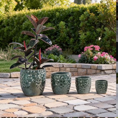 Set de 4 pots de fleurs en céramique émaillée vert foncé Ø 38 30 (1/5)