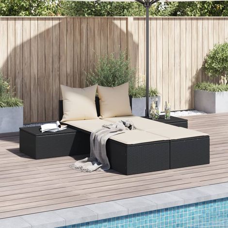 vidaXL Lettino Prendisole Doppio con Cuscini Nero in Polyrattan