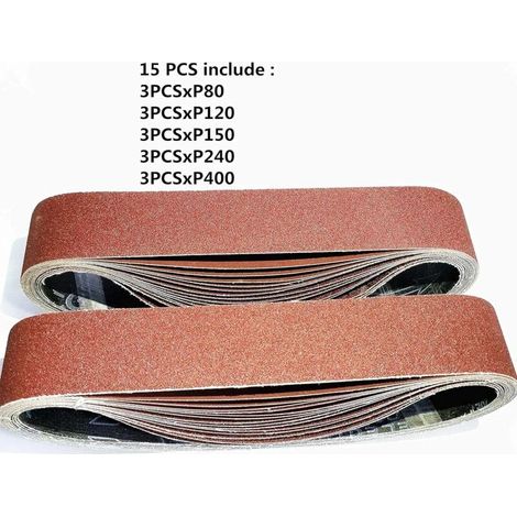 Bandes abrasives pour ponceuse à bande 50 x 686 mm – Lot de 15 pièces – Assortiment grains 80/120/150/240/400 – Pour bois, métal et verre (1/5)