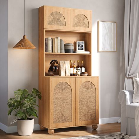 Credenza alta 80x40x180 cm con ante in rattan, 3 zone contenitore, legno naturale