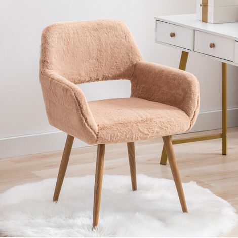 Chaise de salle à manger en fausse fourrure, style Mid-Century, pieds en acier laqué, chaise de coiffeuse pour chambre, marron clair (1/5)