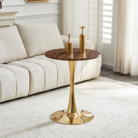 Tavolino Basso Rotondo Stile Mid-Century, Piano Termoformato e Base Centrale in Metallo Dorato, Soggiorno, Ø 60 × 72 cm, MDF, Noce e Oro (1/5)