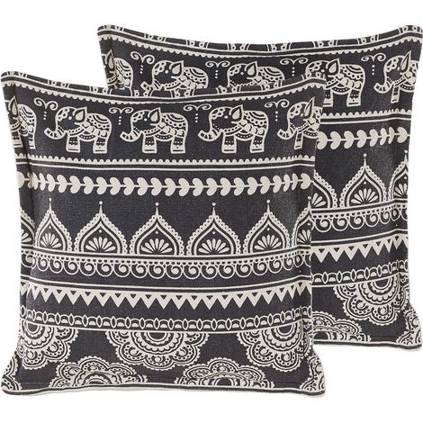 Lot 2 Coussins Décoratifs Noirs à Motifs Orientaux Indiens Blanc Taies Amovibles en Coton Parfaits pour Chambre ou Salon Boho