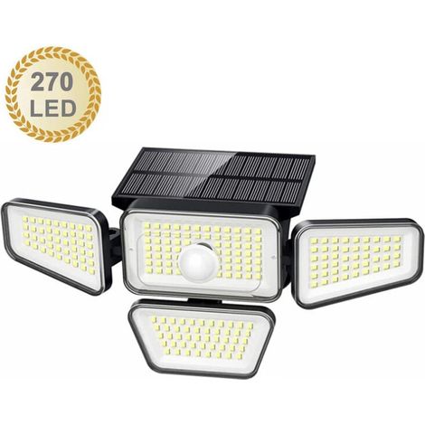 Solarleuchten für den Außenbereich, 270 LEDs, 3000 lm, Bewegungsmelder, IP65, wasserdicht, 4 Köpfe, 3 Modi, 6500 K, Solarstrom, Sicherheits-LED-Flutlichter, kabellos