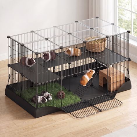 Cage à hamster à 2 Niveaux, Cage à Lapin, 41 Panneaux, Tapis Imperméable, Double Porte, Noir (1/5)