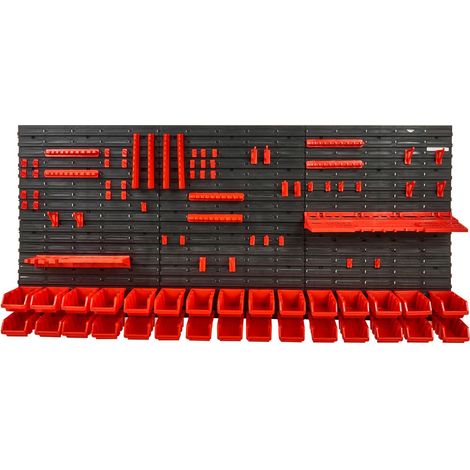Range mural 30 bacs, organiseur atelier garage avec panneaux, crochets et porte-outils. Idéal pour vis, écrous, boulons, clous, perles, boutons. Noir et rouge. (1/5)