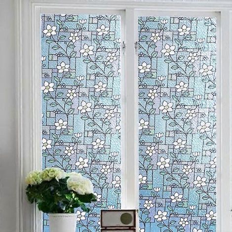 Film adhésif pour vitres, effet givré, à adhérence statique, autocollants décoratifs en verre, opaques, protection de la vie privée, anti-UV, motif floral classique 45 x 100 mm (1/5)