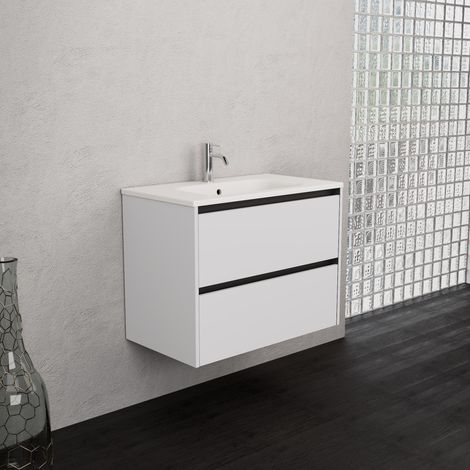 Inda - Badezimmerschrank 2 Schubladen B.80 mit mattiertem Waschbecken / Hochglanzweiß - Smeraldo (1/5)
