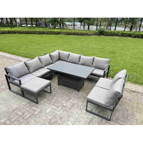 Fimous 9 Pieces Aluminium Garden Furniture Set with Cushions, Patio Furniture Set with Adjustable Rising Lifting Dining Table Big Footstool Dark Grey (1/5)