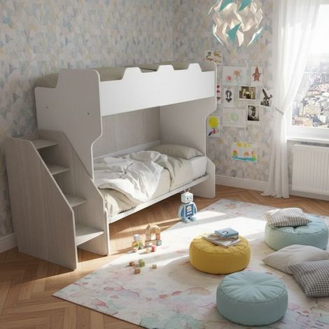 Letto a castello salvaspazio con terzo letto estraibile e scala laterale - Ideale per camerette - Bianco e rovere rock