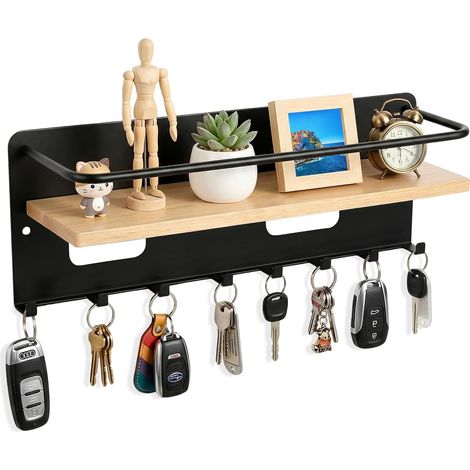 Porte-clés Mural Noir avec Plateau & 8 Crochets – Porte Clef en Fer+Bambou, Montage par Perçage, Support Clef Mural pour Entrée, Couloir, Cuisine & Maison (34x10x10cm) (1/5)