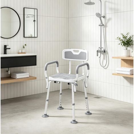 Sedia da doccia ergonomica 56,5 x 53,5 x 74-87 cm in alluminio grigio con schienale - CHICFURN (1/5)