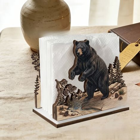 Handgefertigter Serviettenhalter aus Holz „Tiefsee“ – Schwarzbär –