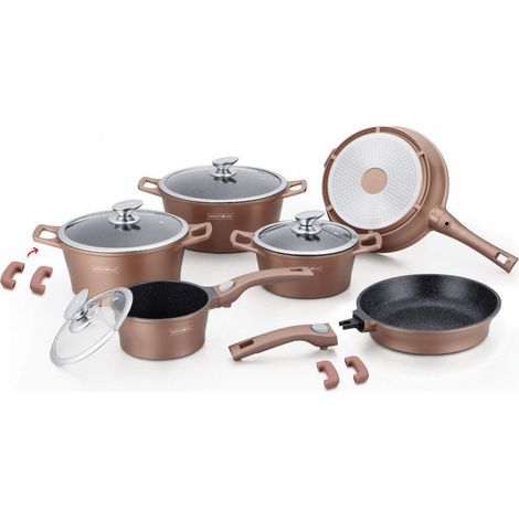 Batterie de cuisson complète poignées amovibles - Revêtement effet marbre - 20 pièces - Tous feux - Cuivre - Livraison gratuite