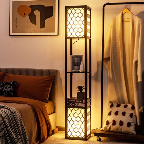 COSTWAY Floor Lamp Wooden Shelf Standing Light w/Dual Switch & Fabric Lampshades Modern (1/5)
