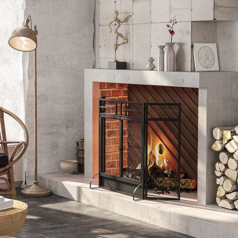 Pare-étincelles grille de protection pour cheminée pare-feu barrière de sécurité 3 volets pliables et porte 120 x 79 cm (1/5)