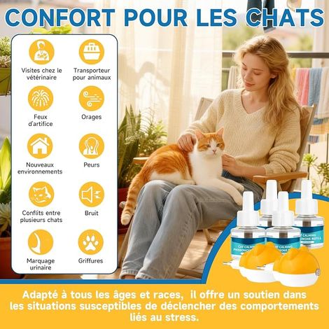 Diffuseur Pheromones Chat, Diffuseur Chat Anti Stress, 2 Diffuseurs Et 4 Recharges De 48 Ml Pour Jusqu’à 120 Jours. Compatible Avec Les Diffuseurs Courants Couvre 65 M². (1/4)