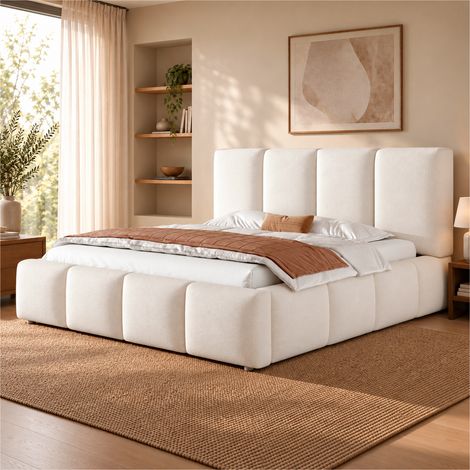 Lit coffre 160 x 200 cm, lit adulte avec rangement, rangement hydraulique, sommier à lattes inclus, tête de lit, tissu, blanc (1/5)