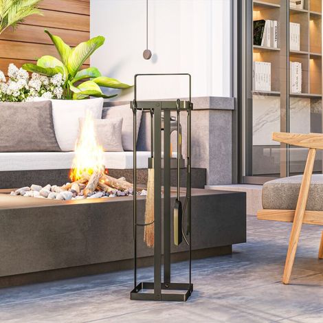 Juego de 5 piezas para chimenea, accesorios para chimenea, cepillo, recogedor, pinzas, atizador, soporte de metal negro. Accesorios para chimenea y estufa -Crezuo