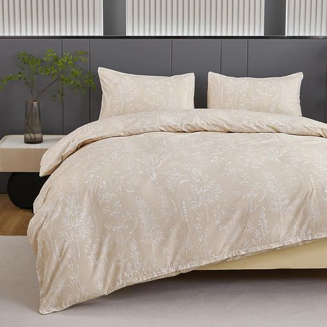 Housse de Couette 220x240 cm Beige, 2 Taie d'oreiller 65x65cm, Parure de Lit de Motif Botanique Tropical Fleurs Réversible pour 2 Personnes avec Fermeture Éclair (1/5)