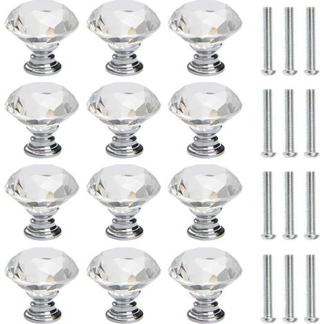 12 pcs bouton de porte commode cristal diament de 30 mm bouton de porte avec vis décoration porte armoire Tiroir meuble bouton de tiroir argent (1/5)