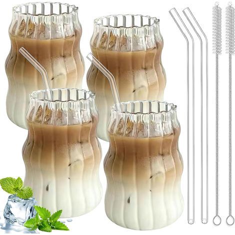 Lot de 4 verres à café, tasses à expresso, latte macchiato - 500 ml - Verres à long drink pour café, thé, cola, soda, cocktails avec pailles en verre, brosses (1/5)