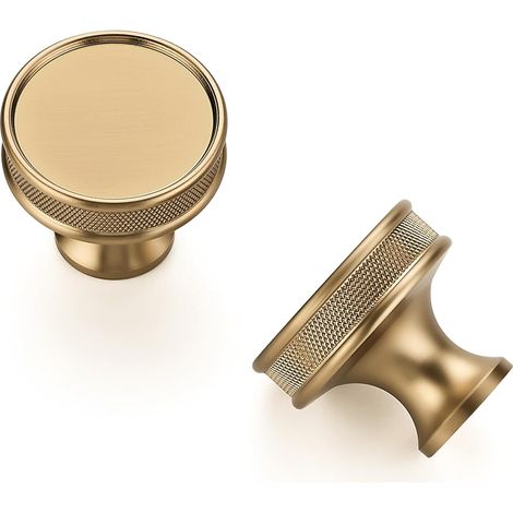 Set mit 5 gerändelten Türknöpfen, 30 mm (1-1/5 Zoll), champagnergoldfarben, für Küchenmöbel und Schubladen. (1/5)