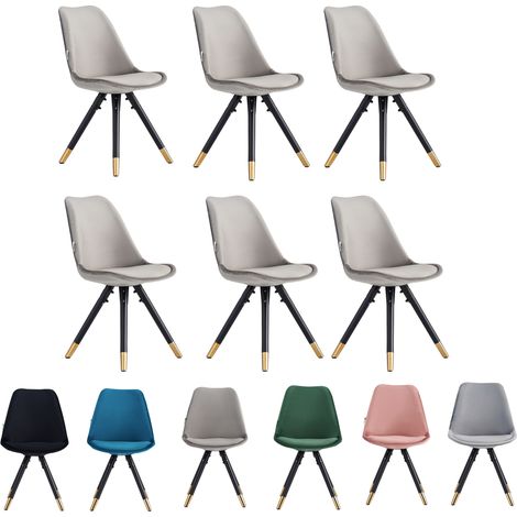 Set of 6 Dark Grey Sofia Ergonomic Modern Dining Chairs Upholstered in Velvet, Metal Legs with Gold End Tips (1/5)