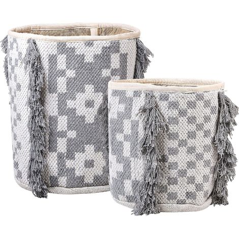 Lot de 2 Paniers de Rangement pour Linge Boho en Coton Blanc Cassé et Gris Kalai