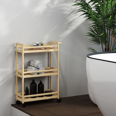 Scaffale da bagno a 3 ripiani in bambù, carrello portaoggetti con ruote, 55x20x75 cm, colore naturale. (1/5)
