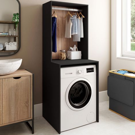 Mueble alto para lavadora WALLIS con espacio para colgar, negro y madera efecto haya