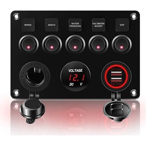 Panneau de Interrupteur, Interrupteur à Bascule Panneau Tableau Électrique 12V/24V Camping Car Bateau Camion Remorque Interrupteur Etanche Double USB (Rouge) (1/5)