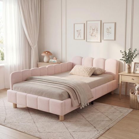 Letto per bambini 90x200 cm con braccioli regolabili e tasche, testiera ergonomica, velluto rosa (1/5)