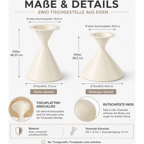 Ensemble de 2 pieds de table en fer blanc crème – 1 pied haut et 1 pied bas, revêtement en poudre, avec patins antidérapants – pieds uniquement, plateaux non inclus (1/4)