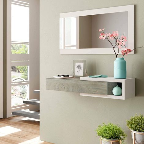Meuble d'entrée réversible avec miroir, Meuble d'entrée avec tiroir, Plateau de poche pour appartements, 95x26h69 cm, Blanc et Chêne (1/5)