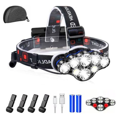 Lampe Frontale,Torche Frontale 18000 Lumens 8 LED 8 Modes d'éclairage,Lampe Frontale LED Ultra Puissante Rechargeable USB 90° Réglable Étanche et Léger Pour Pêche,Camping,Lecture,Randonnée (1/5)