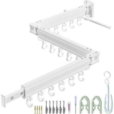 Etendoir Linge Mural- Peu Encombrant - Pliable En 3 Positions - Avec Barre D'Extension - Extensible Sechoir Linge Mural En Aluminium - Avec 18 Crochets - Pour Balcon, Terrasse (Crochet Simple Blanc) (1/5)