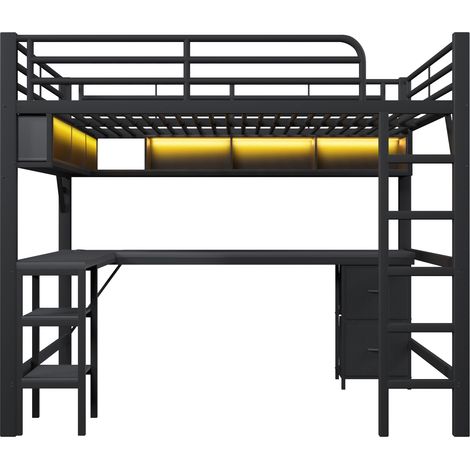 Cama alta metálica 140 x 200 cm con escritorio, estantería, armario, USB y LED, negro (1/5)