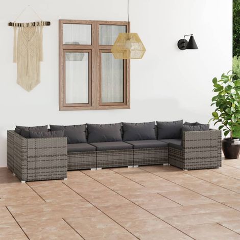 7-tlg. Garten-Lounge-Set mit Kissen Poly Rattan Grau vidaXL (1/5)