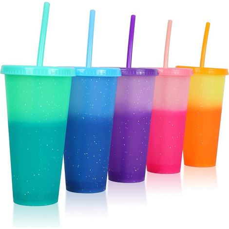 Lot de 5 gobelets réutilisables 16 oz avec couvercles et pailles, verres en plastique changeant de couleur pour adultes et enfants, tumblers pour café glacé, thé et smoothie, idéaux fêtes et voyage. (1/5)