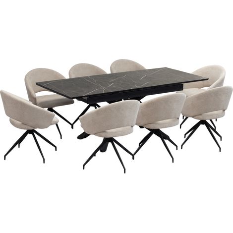 Conjunto de mesa de comedor extensible y 8 sillas TAYLOR JANE - Mesa en melamina negro mármol 200-160 x 90 cm con sillas en tejido beige - MOG CASA (1/5)