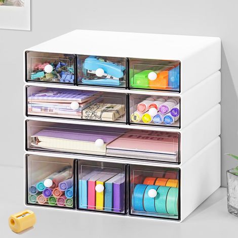 Organiseur de bureau avec 9 tiroirs, tiroirs de rangement empilables en plastique à 4 niveaux pour bureau, papeterie, maquillage, pour la maison, le bureau et l'école (1/5)